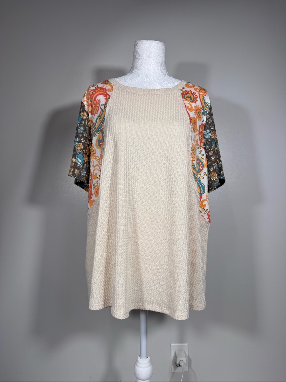 Cato Cream Waffle-Knit Tunic with Paisley Accent Sleeves